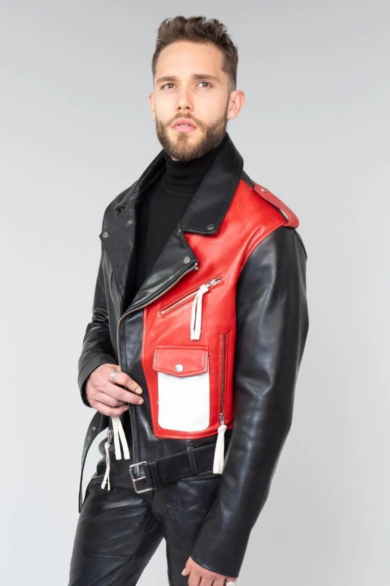 Touré's Leather Block Biker Jacket featuring a bold block design and premium leather, combining edgy biker style with modern sophistication.