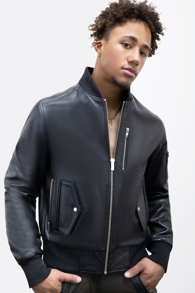 Bomber Leather Jacket - Premium quality leather jacket with ribbed collar and zipper closure.