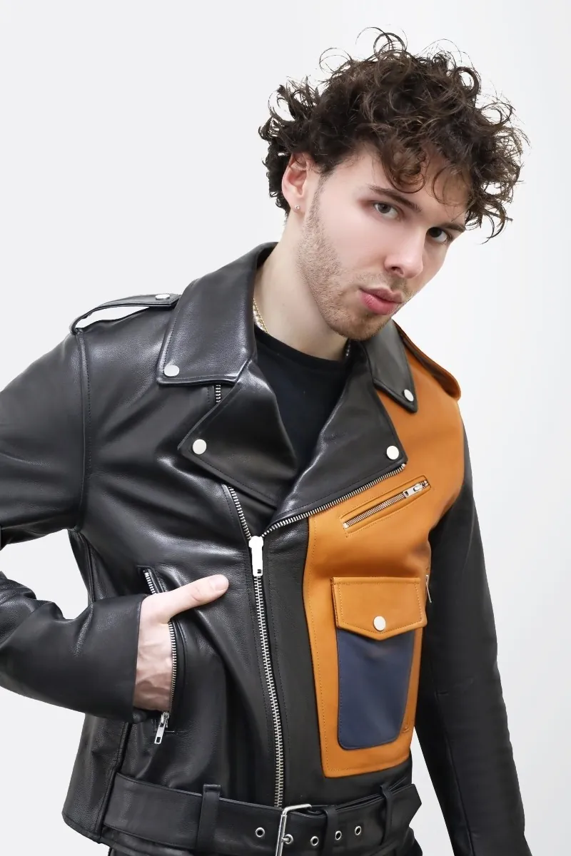 Male model wearing a caramel Block Biker Jacket: stylish, sleek, and edgy outerwear for a bold fashion statement.