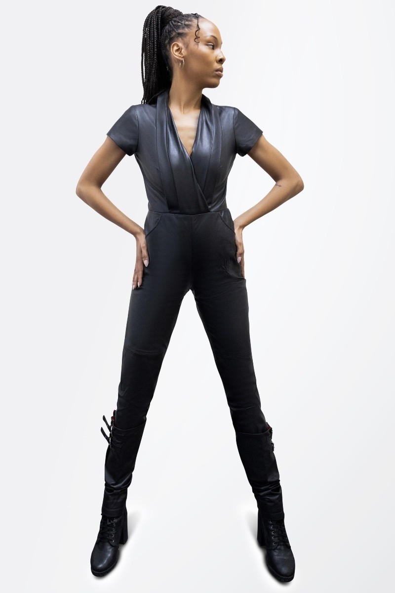 Leather V Jumpsuit - Bold and edgy outfit made from premium leather, perfect for parties and events.