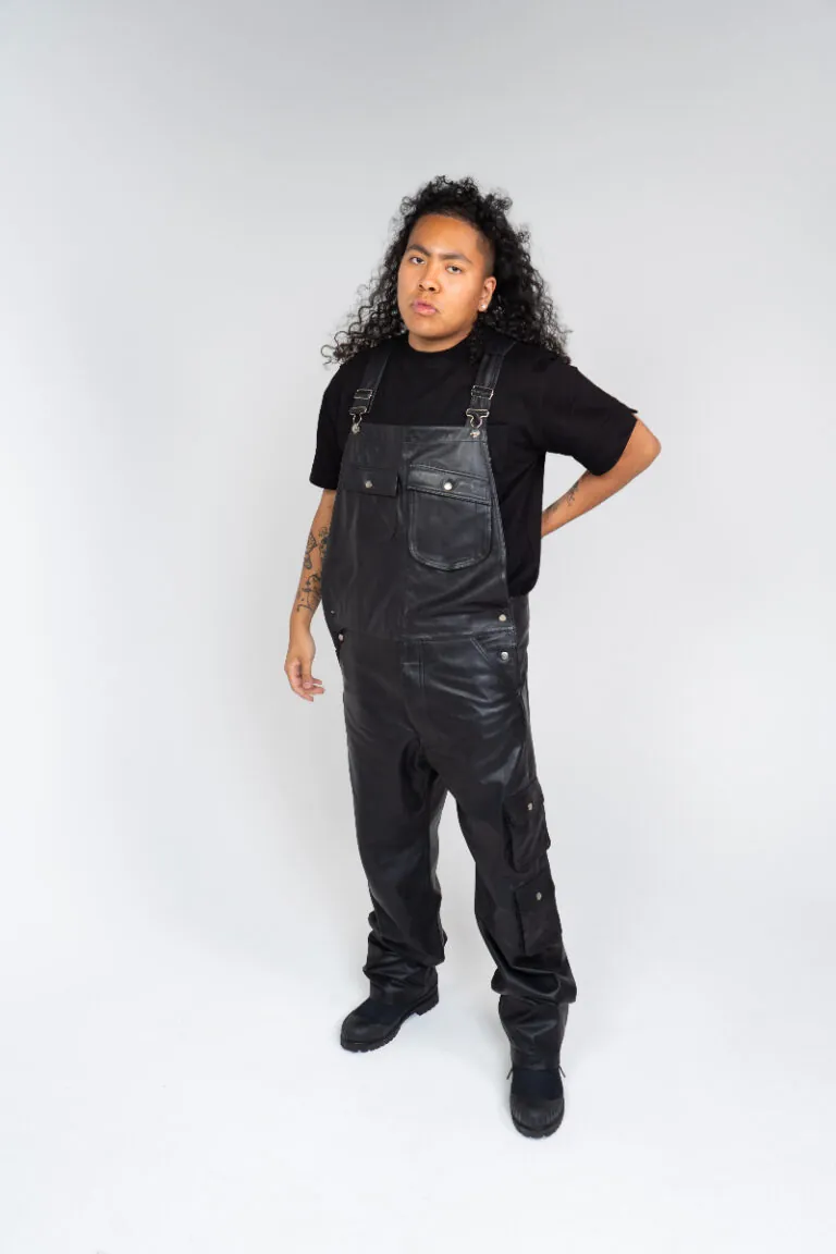 Touré Leather Overalls crafted from premium leather, featuring a sleek, bold design for a modern and versatile look.